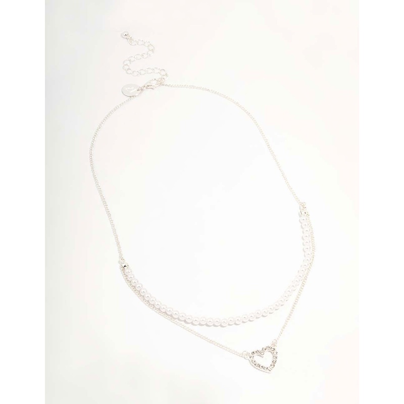 Silver Pearl & Diamante Heart Layered Necklace