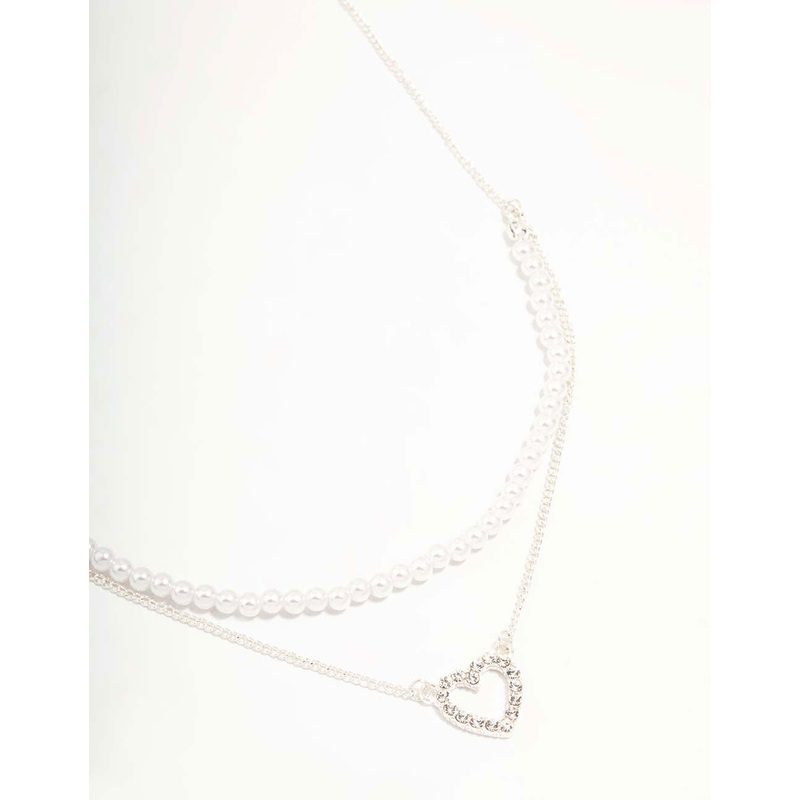 Silver Pearl & Diamante Heart Layered Necklace