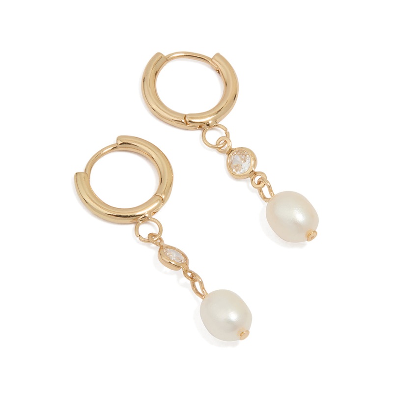 Waterproof Gold Plated Stainless Steel Cubic Zirconia Pearl Huggie Earrings