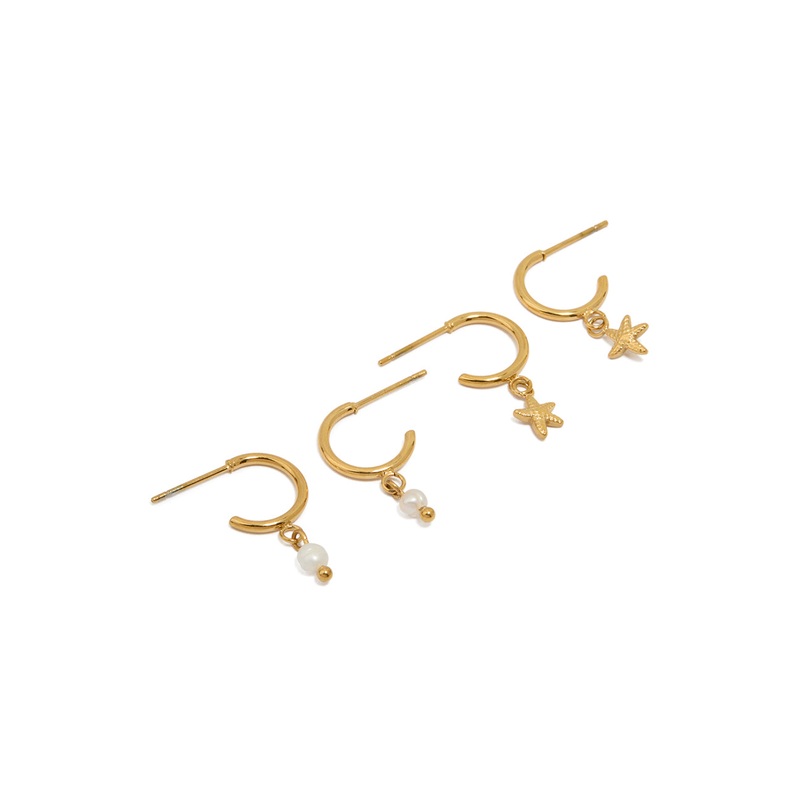 Waterproof Gold Plated Stainless Steel Pearl & Starfish Hoop Earrings 2-Pack