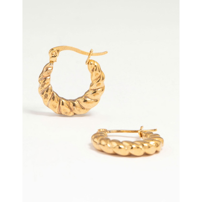 Waterproof Gold Plated Stainless Steel Textured Crescent Hoop Earrings