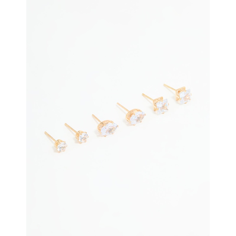 Gold Diamante Mixed Stud Earrings 3-Pack