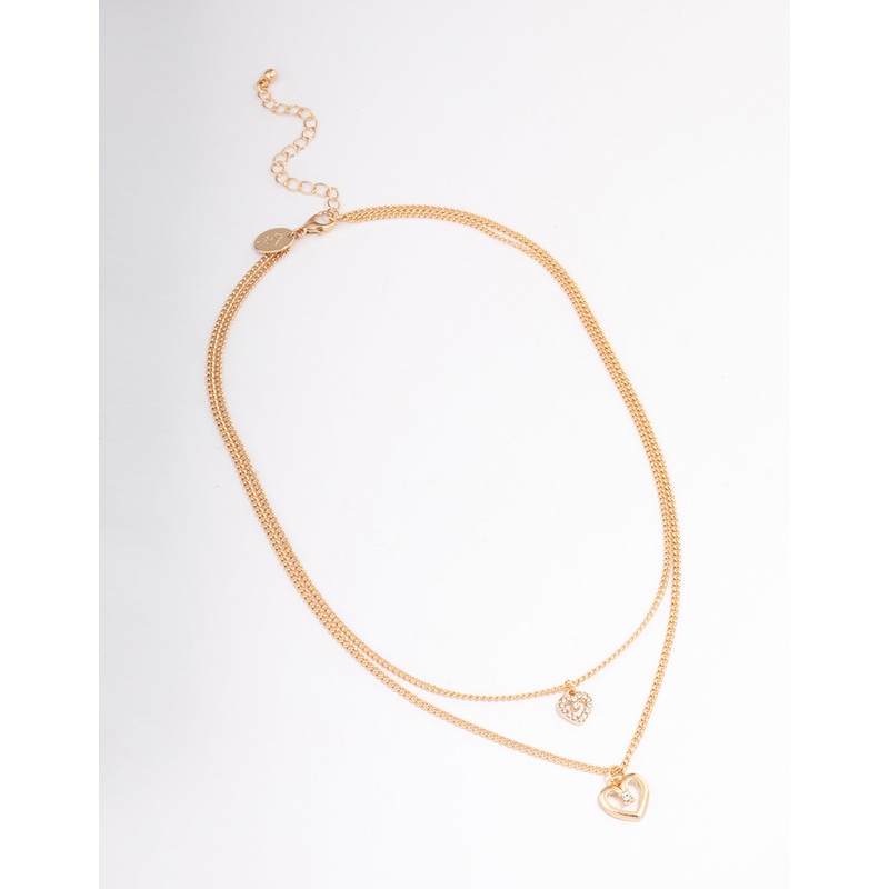 Gold Double Chain Heart Diamante Necklace
