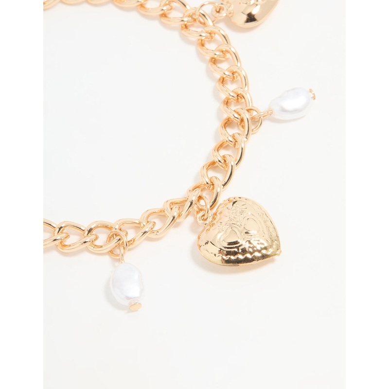 Gold Pearl Heart Charm Bracelet