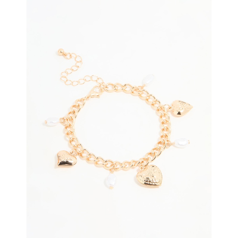 Gold Pearl Heart Charm Bracelet