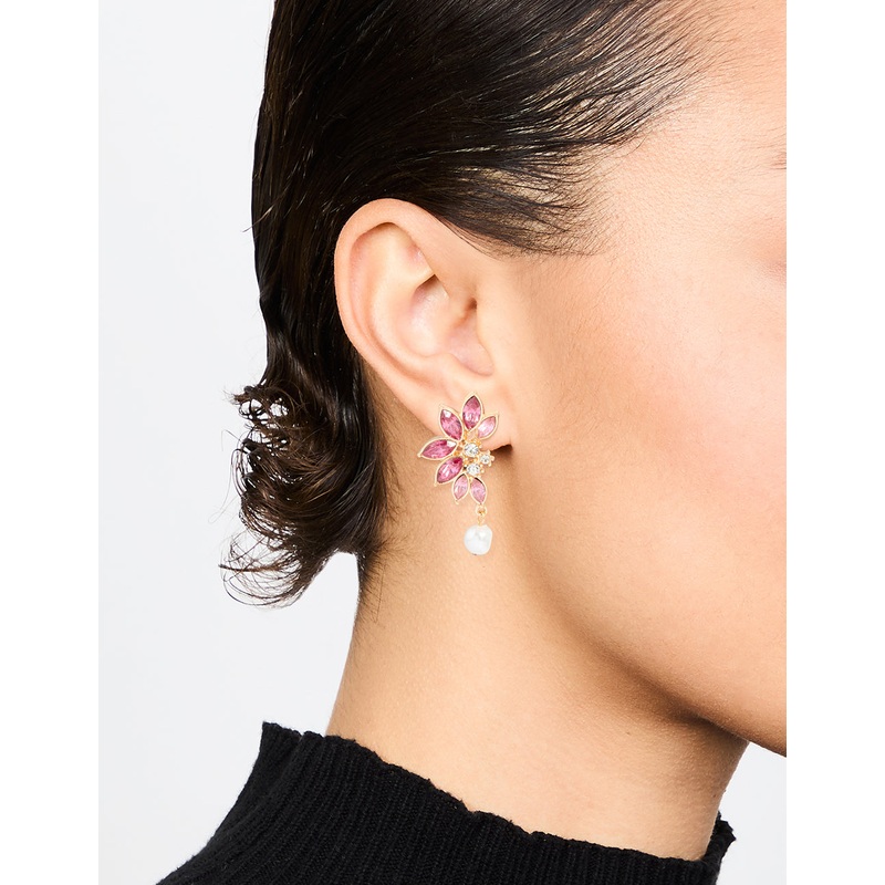 Gold & Pink Diamante Marquise Pearl Stud Earrings