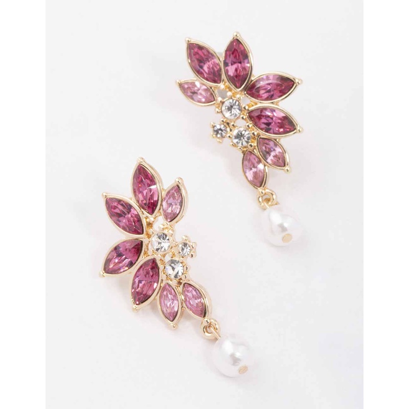 Gold & Pink Diamante Marquise Pearl Stud Earrings