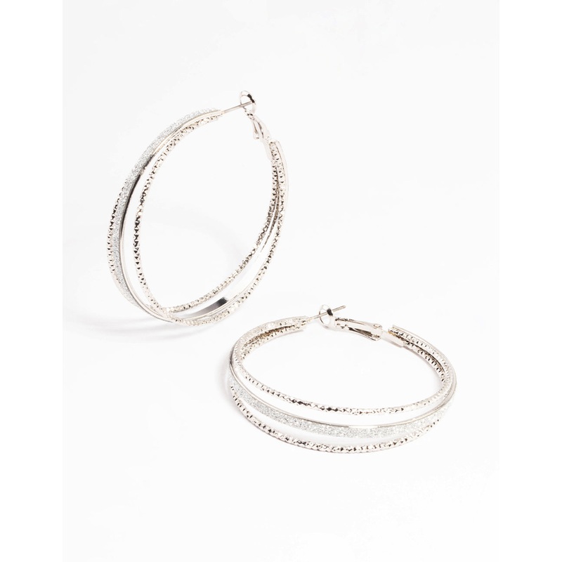 Silver Textured Split Glitter Hoop Earrings
