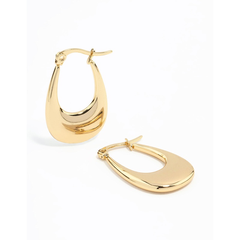 Waterproof Gold Plated Stainless Steel Elongated Flat Hoop Earrings