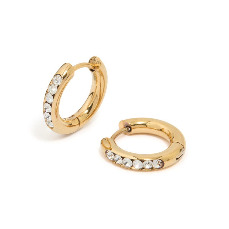 Waterproof Gold Plated Stainless Steel Round Diamante Clicker Hoop Earrings