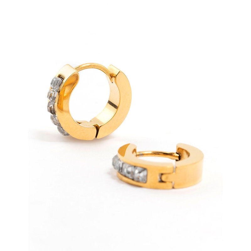Waterproof Gold Plated Stainless Steel Square Cut Diamante Huggie Earrings