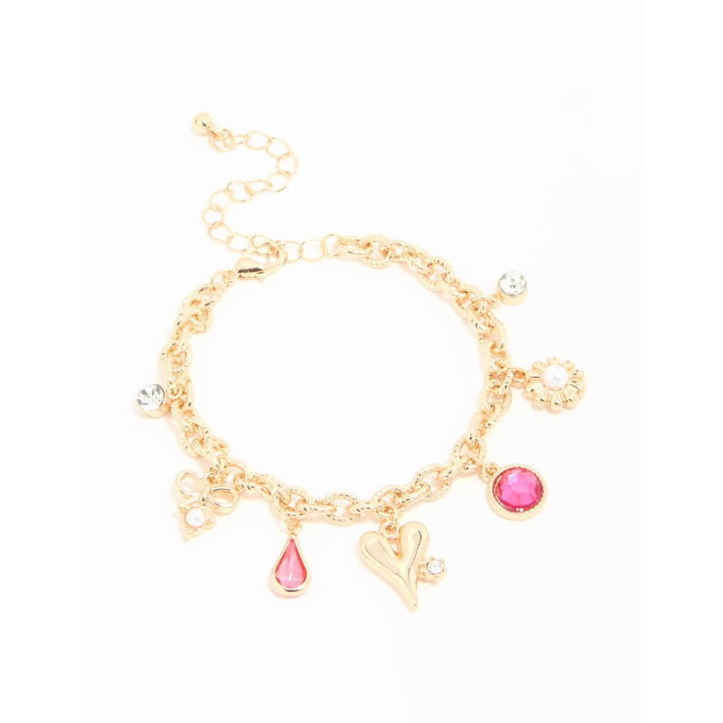 Gold Heart & Flower Charm Bracelet