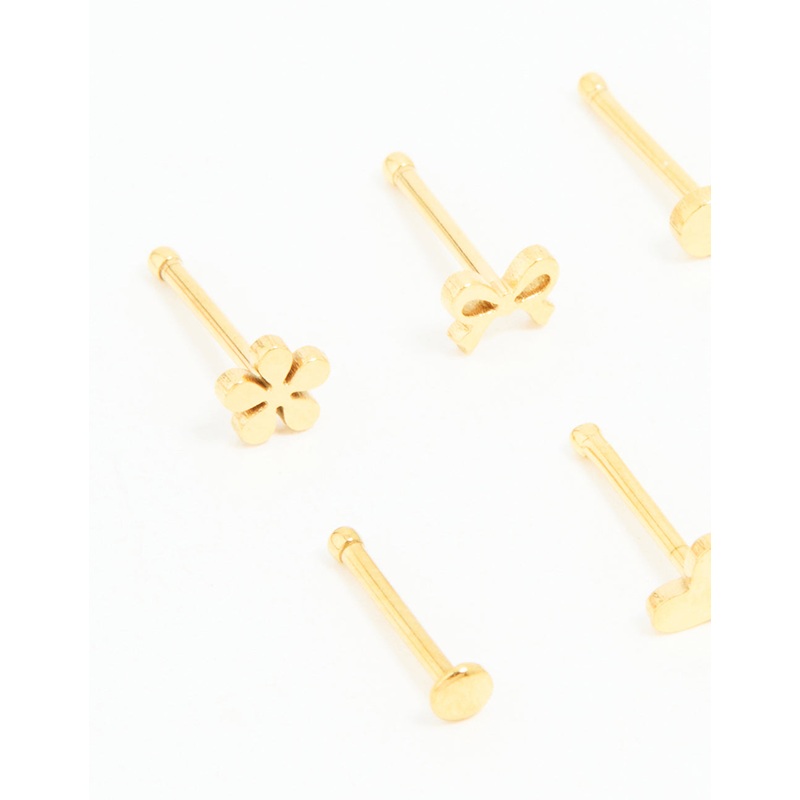 Gold Plated Surgical Steel Heart, Bow & Flower Nose Stud 6-Pack