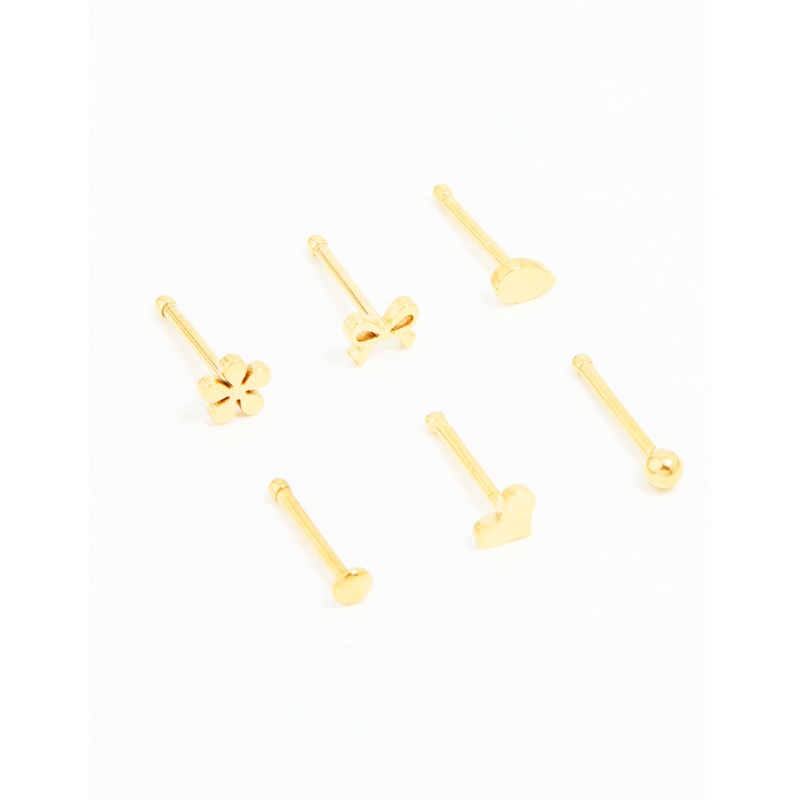 Gold Plated Surgical Steel Heart, Bow & Flower Nose Stud 6-Pack