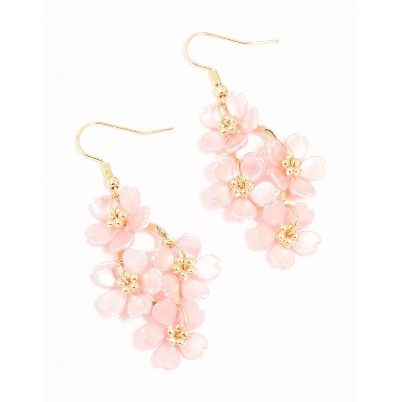 Pink Pearlised Flower Vine Gold Drop Earrings