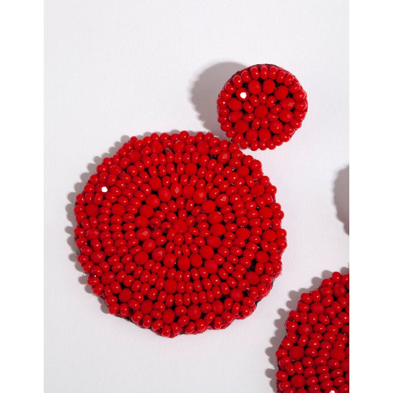 Red Beaded Flat Circle Drop Earrings
