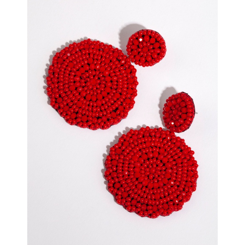 Red Beaded Flat Circle Drop Earrings