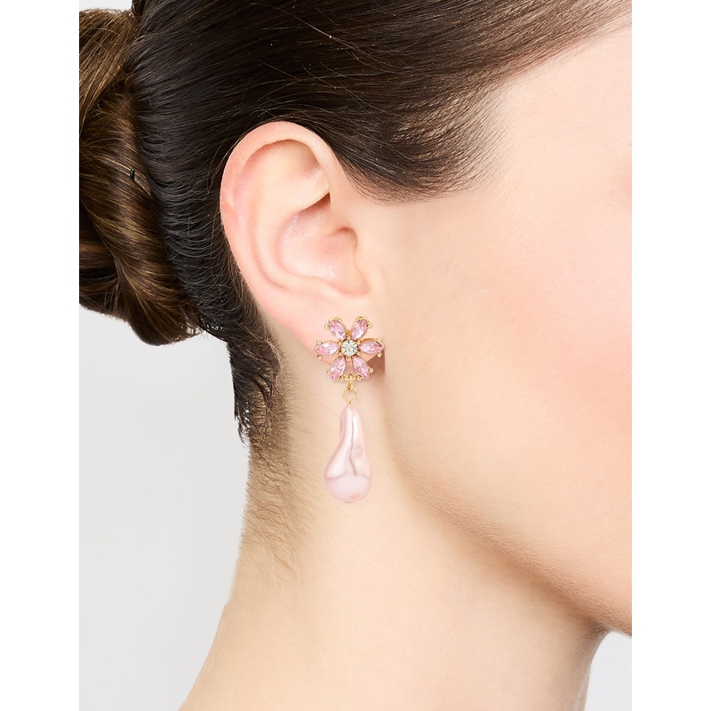 Gold Diamante & Pink Pearl Flower Drop Earrings