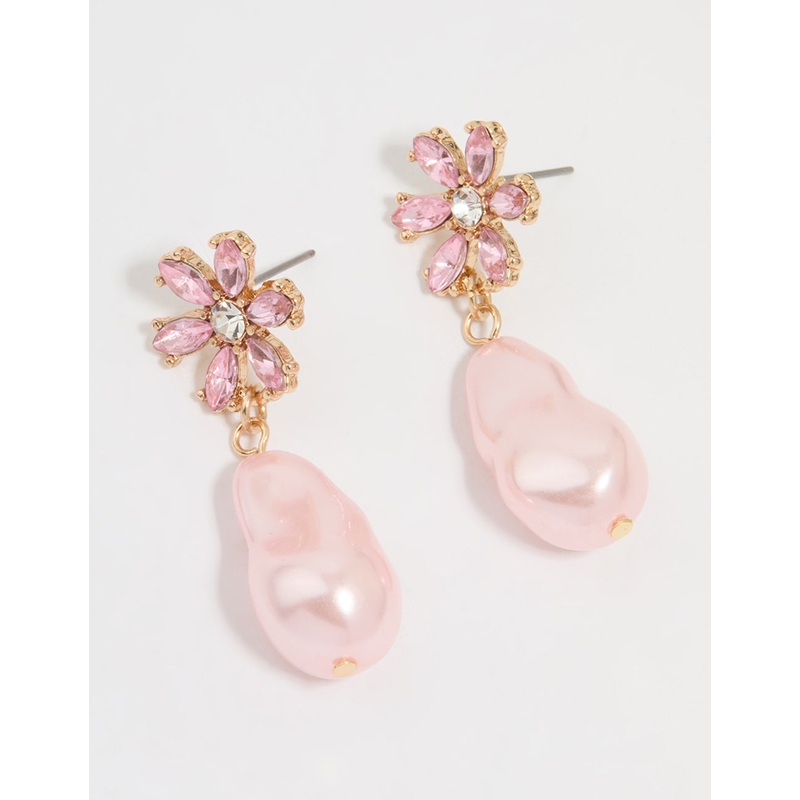 Gold Diamante & Pink Pearl Flower Drop Earrings