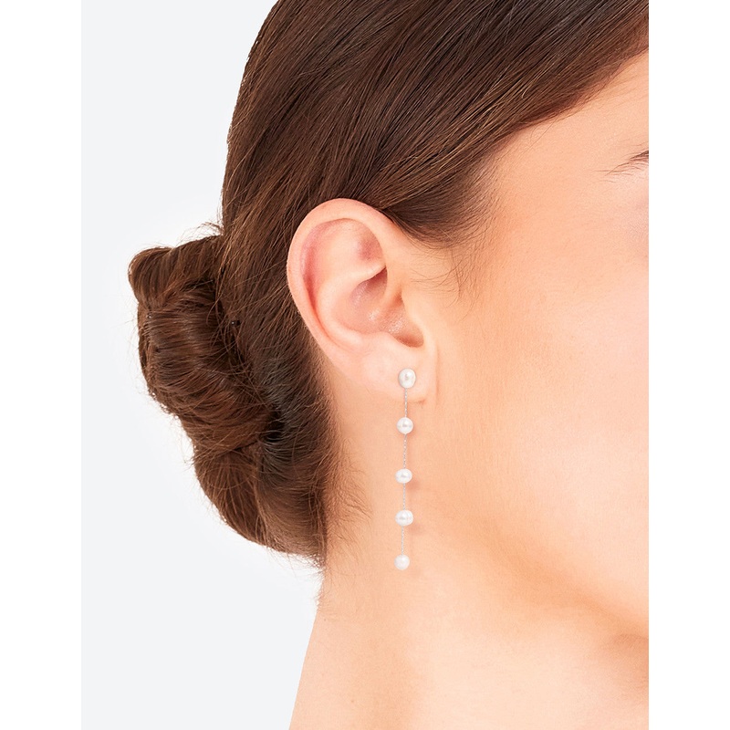 Silver Plated Five Freshwater Pearl Long Drop Earrings