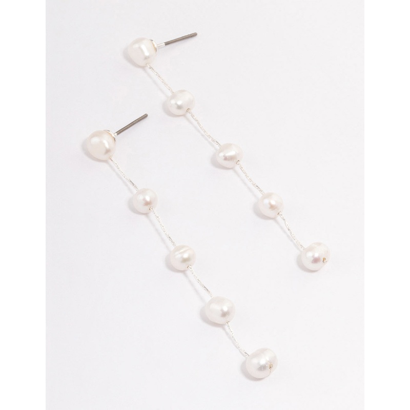 Silver Plated Five Freshwater Pearl Long Drop Earrings