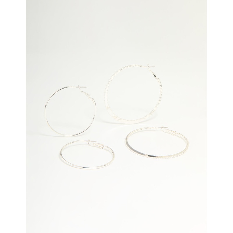 Silver Textured & Plain Hoop Earrings 2-Pack