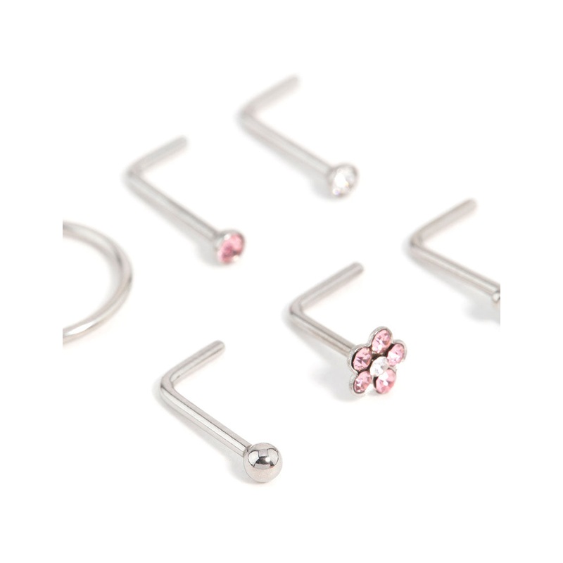 Surgical Steel Cubic Zirconia Flower & Heart Nose Piercing 6-Pack