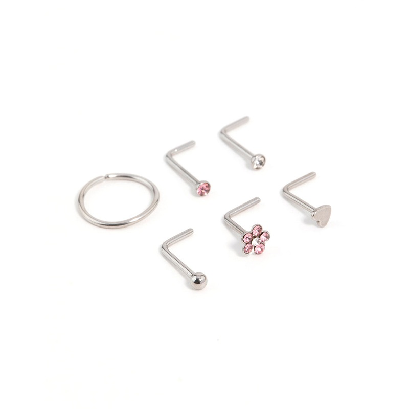 Surgical Steel Cubic Zirconia Flower & Heart Nose Piercing 6-Pack