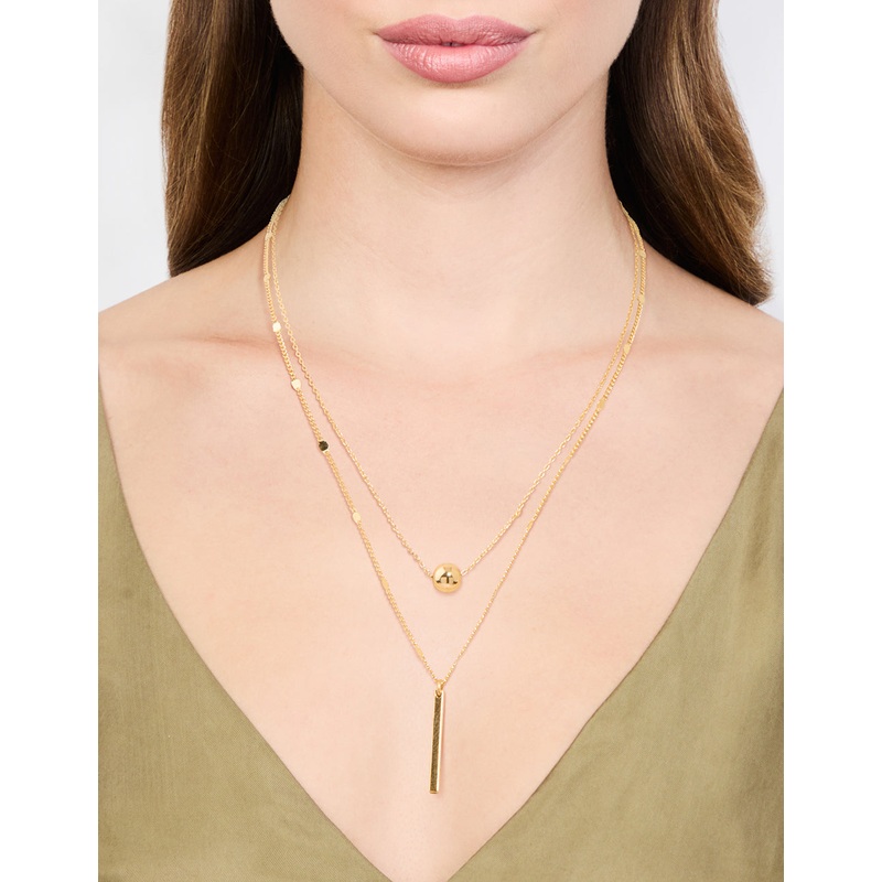 Gold Bar & Ball Double Chain Short Necklace