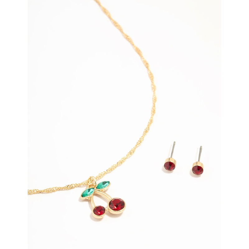 Gold Cherry Necklace & Red Diamante Earrings Set