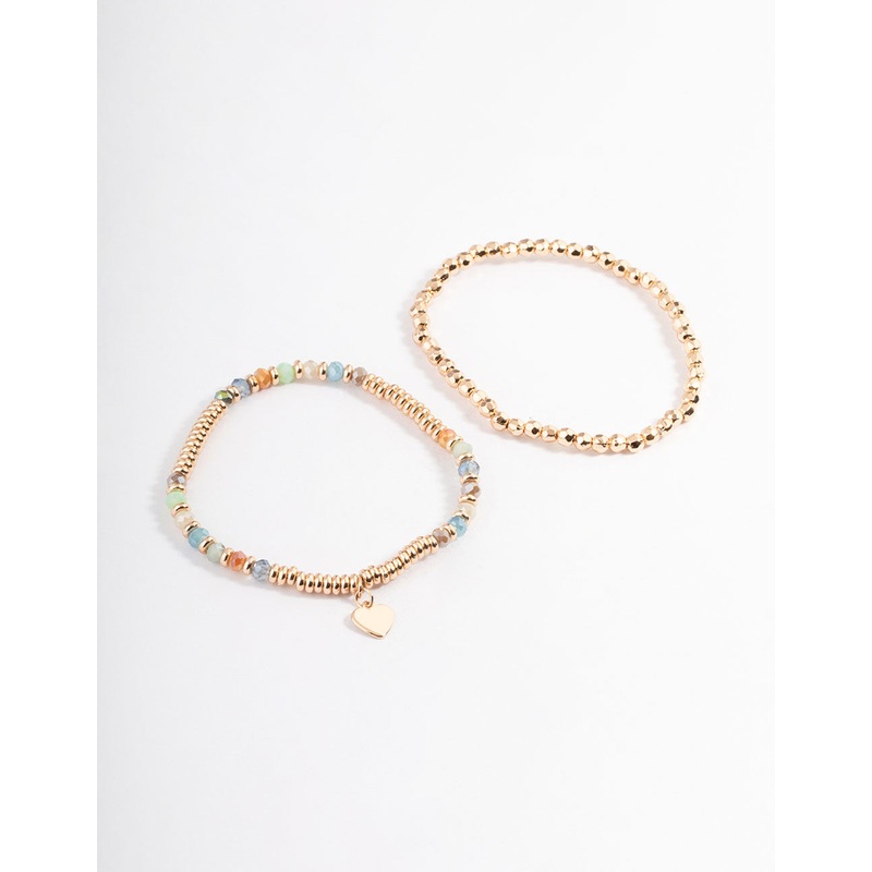 Gold Mixed Bead Heart Stretch Bracelet Pack