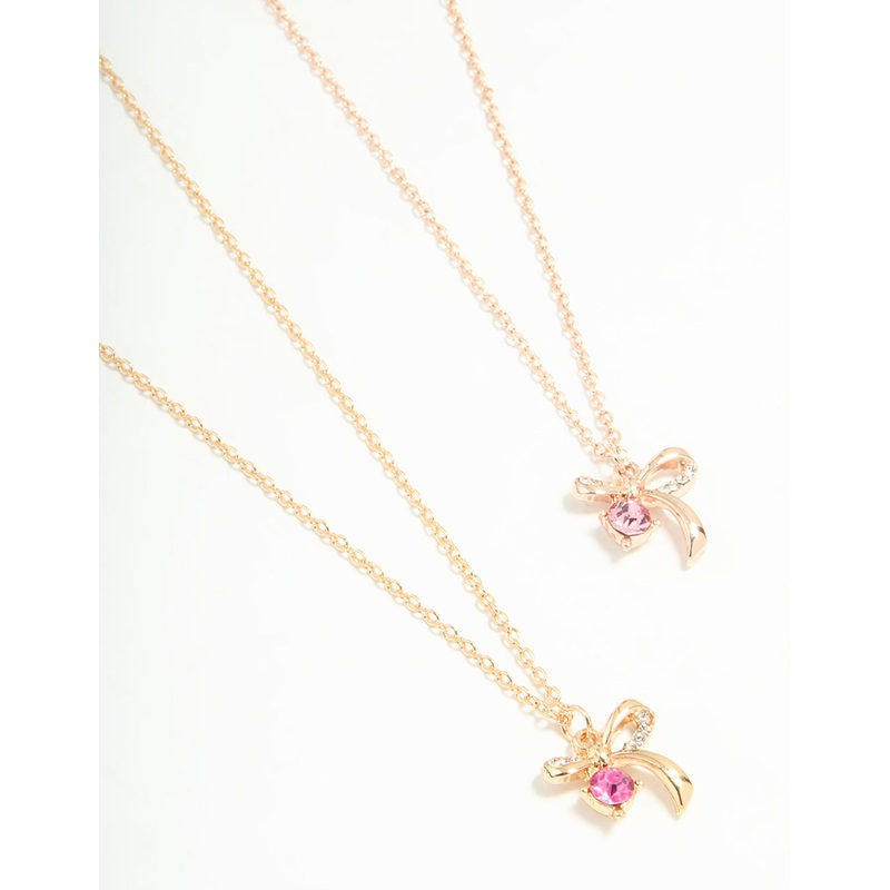 Gold Pink Diamante & Bow Necklaces 2-Pack