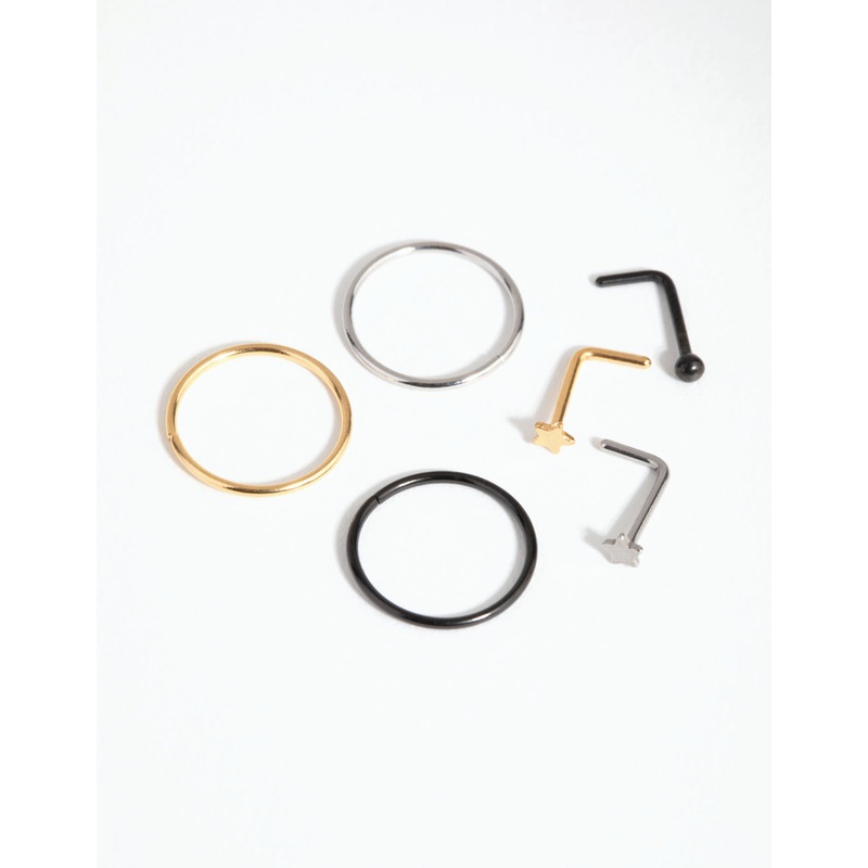 Surgical Steel Ball Star Nose Ring & Stud 6-Pack