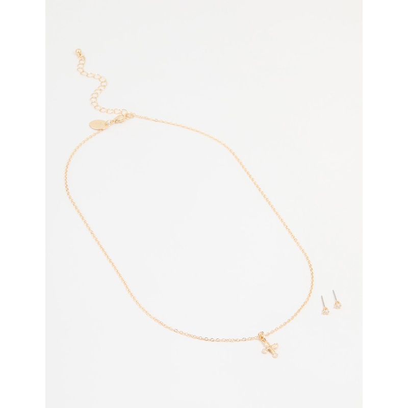 Gold Cubic Zirconia Cross Necklace & Earrings Set