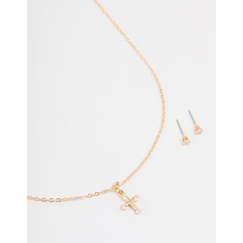 Gold Cubic Zirconia Cross Necklace & Earrings Set