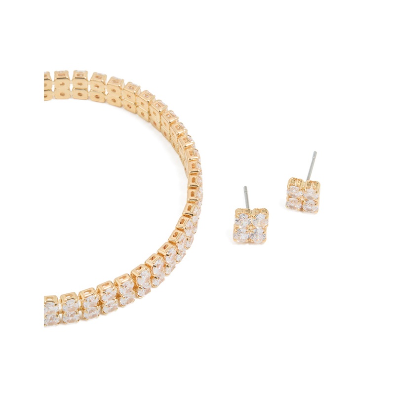 Gold Cubic Zirconia Tennis Bracelet & Earrings Set
