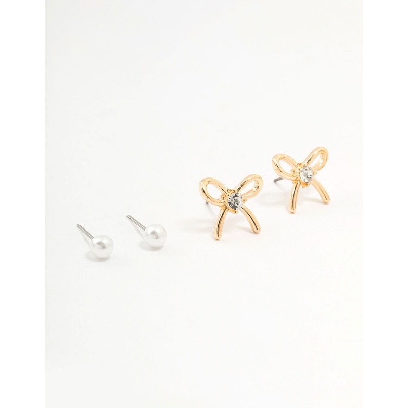 Gold Pearl Heart Bow Earrings 3-Pack