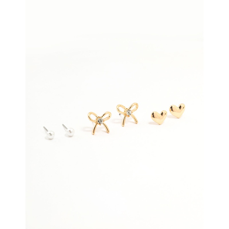 Gold Pearl Heart Bow Earrings 3-Pack
