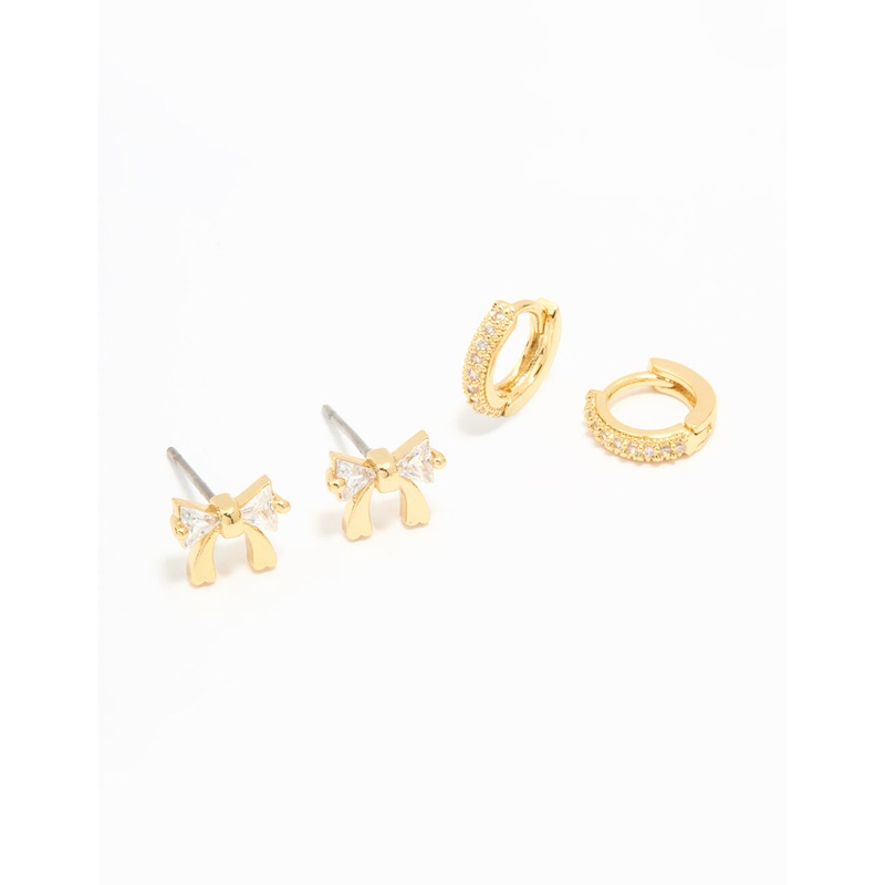 Gold Plated Cubic Zirconia Bow Studs & Hoop Earrings Pack