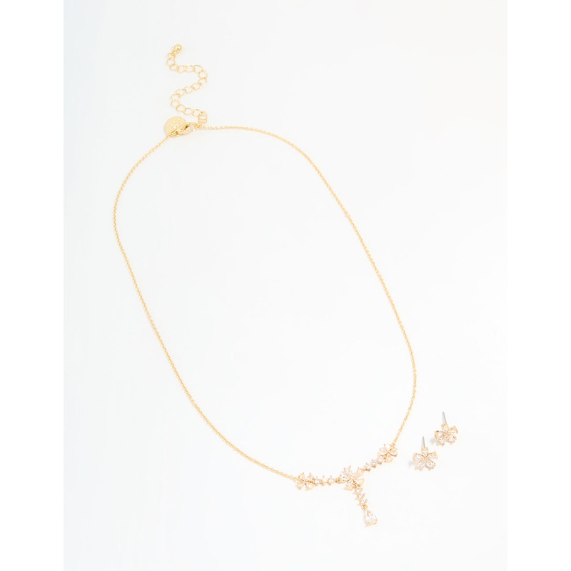 Gold Plated Cubic Zirconia Flower Drop Necklace & Earrings Set