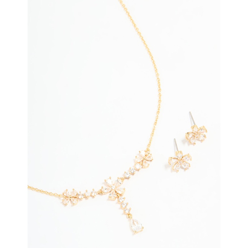 Gold Plated Cubic Zirconia Flower Drop Necklace & Earrings Set