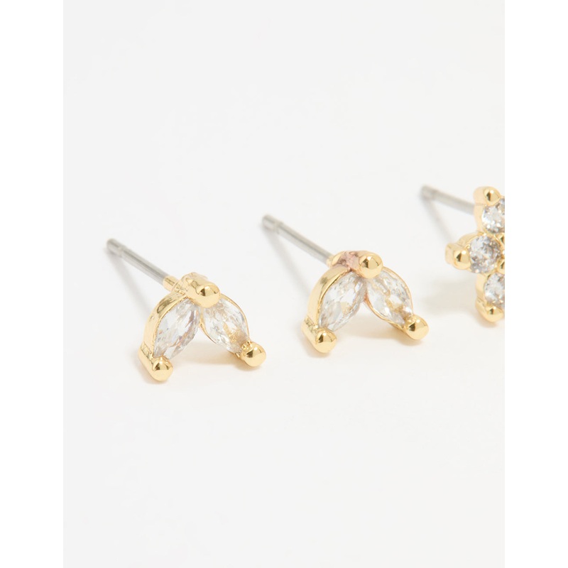Gold Plated Cubic Zirconia Flower & Leaf Stud Earrings 2-Pack