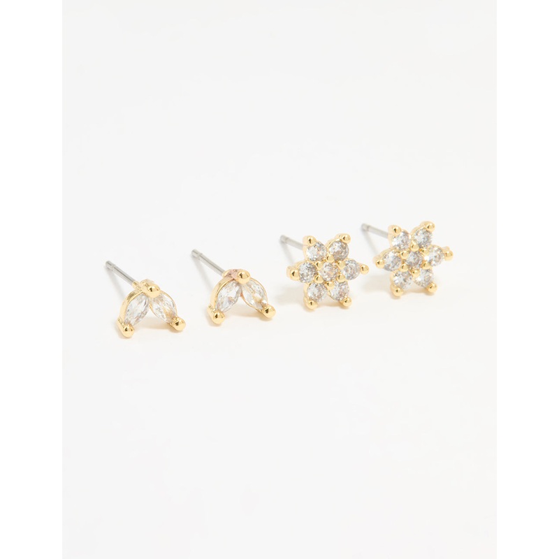 Gold Plated Cubic Zirconia Flower & Leaf Stud Earrings 2-Pack