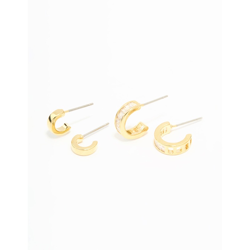 Gold Plated Cubic Zirconia Plain & Baguette Hoop Earrings 2-Pack