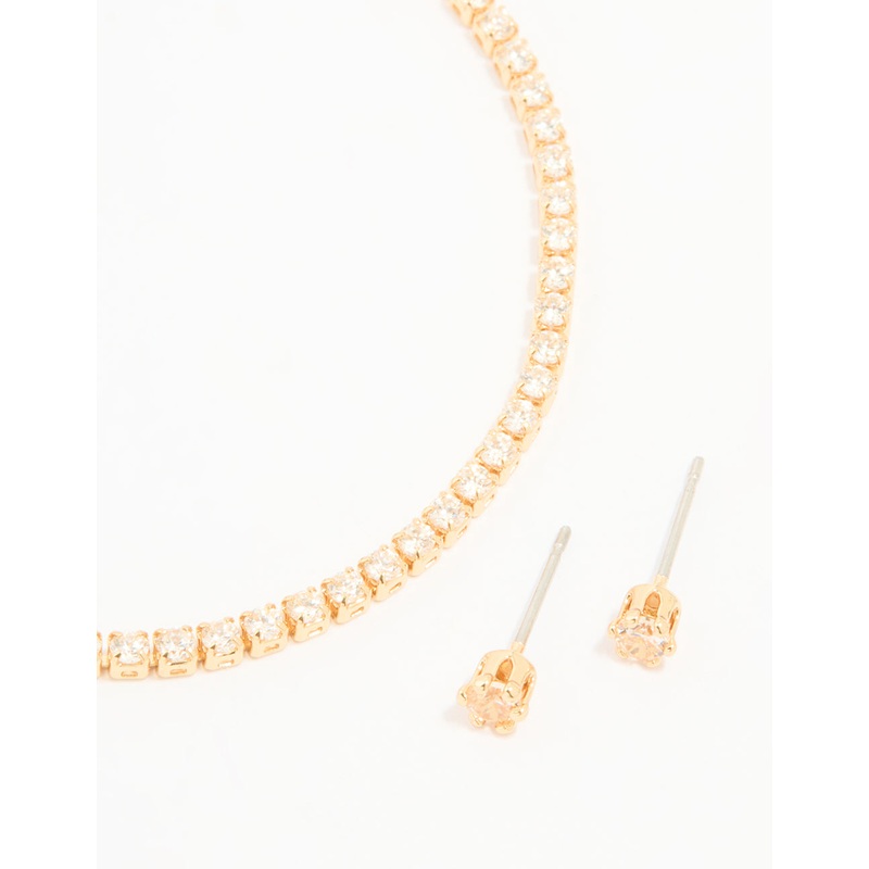 Gold Plated Cubic Zirconia Small Tennis Bracelet & Earrings Set