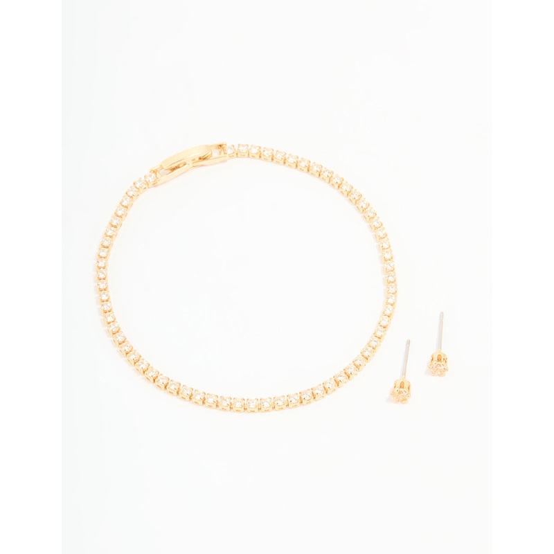 Gold Plated Cubic Zirconia Small Tennis Bracelet & Earrings Set