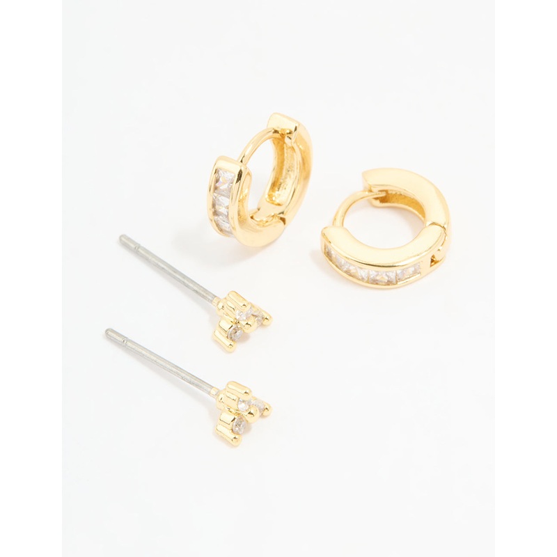 Gold Plated Cubic Zirconia Stud & Huggie Earrings 2-Pack