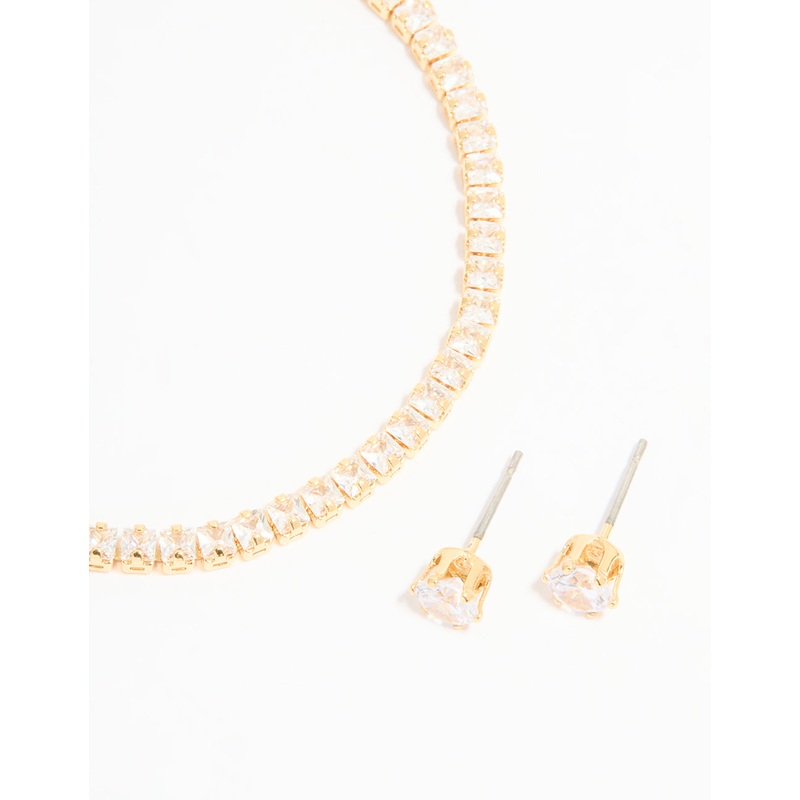 Gold Plated Cubic Zirconia Tennis Bracelet & Earrings Set