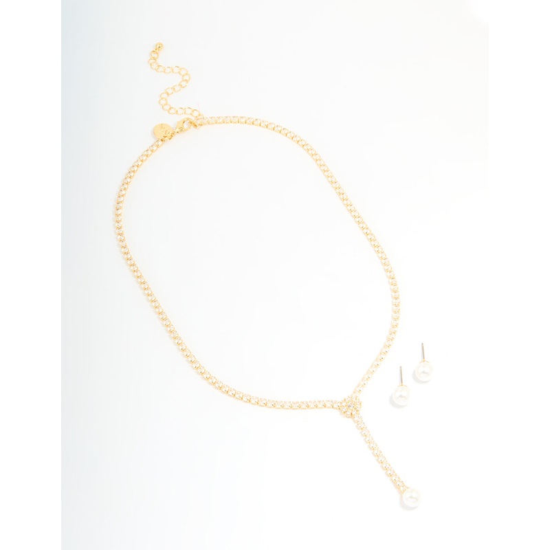 Gold Plated Pearl Flower Cubic Zirconia Y-Necklace & Earrings Set