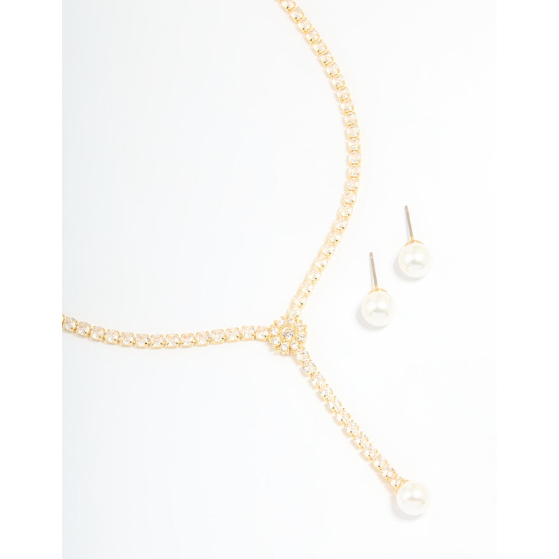 Gold Plated Pearl Flower Cubic Zirconia Y-Necklace & Earrings Set